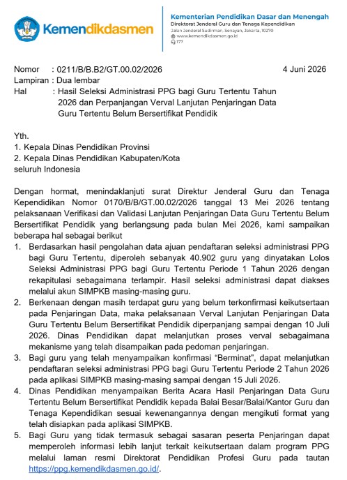 Hasil Seleksi Administrasi PPG bagi Guru Tertentu Tahun 2026